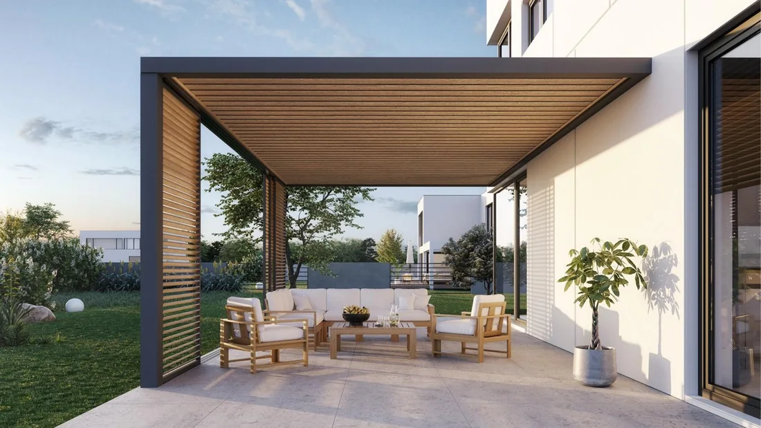 Fronto panels on an outdoor pergola
